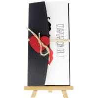 dikdörtgen - Açık Davetiye Zarfı - 21x10-Siyah- Kırmızı Kalpli