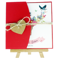 kare - Açık Davetiye Zarfı - Kare-Kırmızı- İpli, Kraft Kalpli