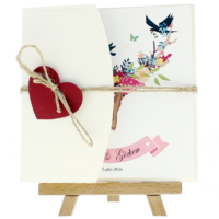 kare - Açık Davetiye Zarfı - Kare-Krem- Kırmızı Kalpli